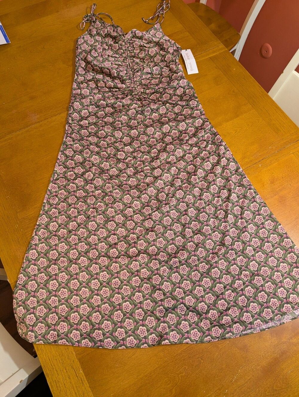 NWT Bishop + Young Adria Ruched Front Midi Dress M Floral Retro Print Tie Strap